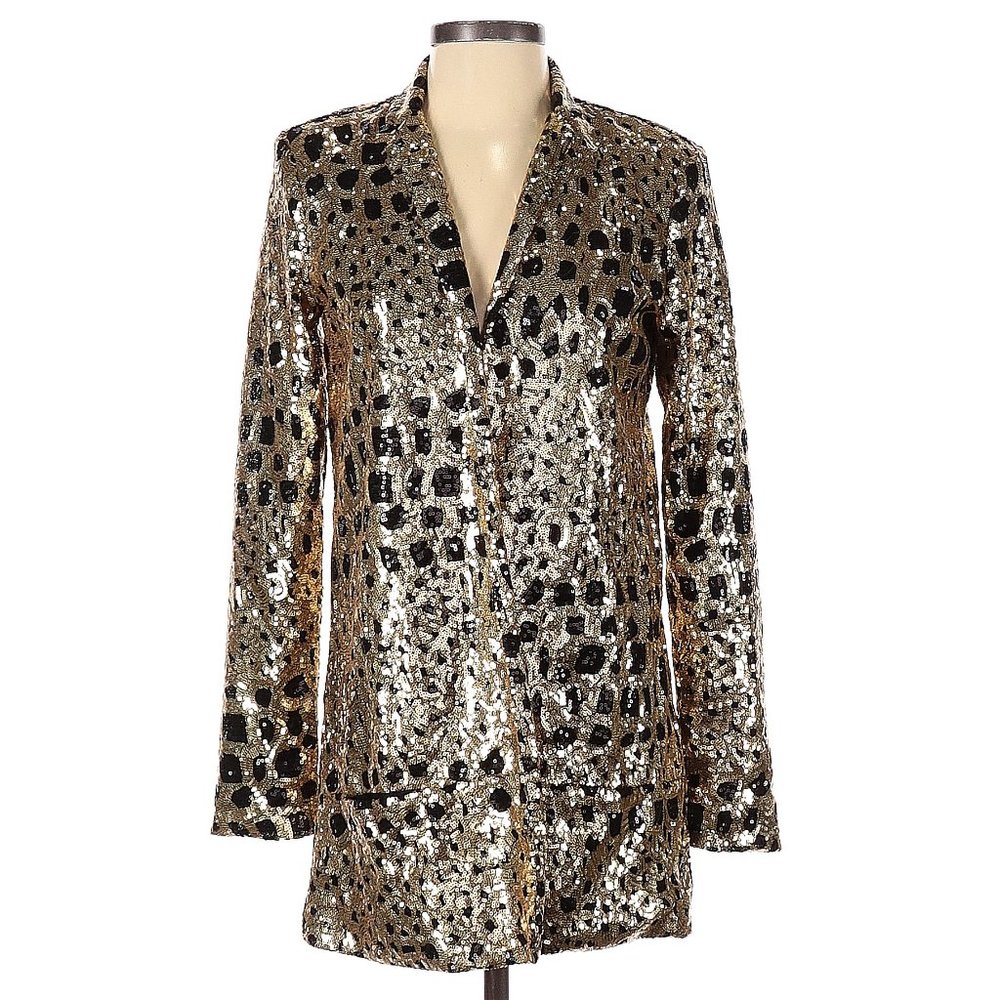 Showstopper Sequin Longline Blazer In Gold & Black Gem